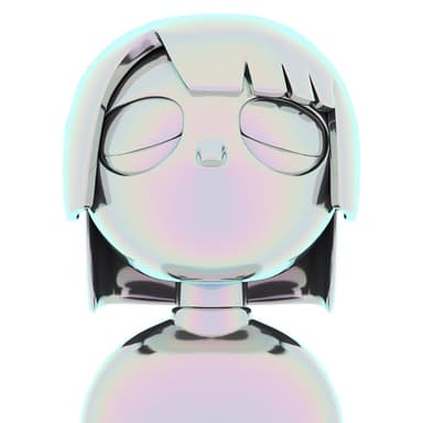 白い背景に艶のある CG でモデリングされた人物キャラクターのポートレート。おかっぱ頭ですこし上を見上げ、目は閉じている。