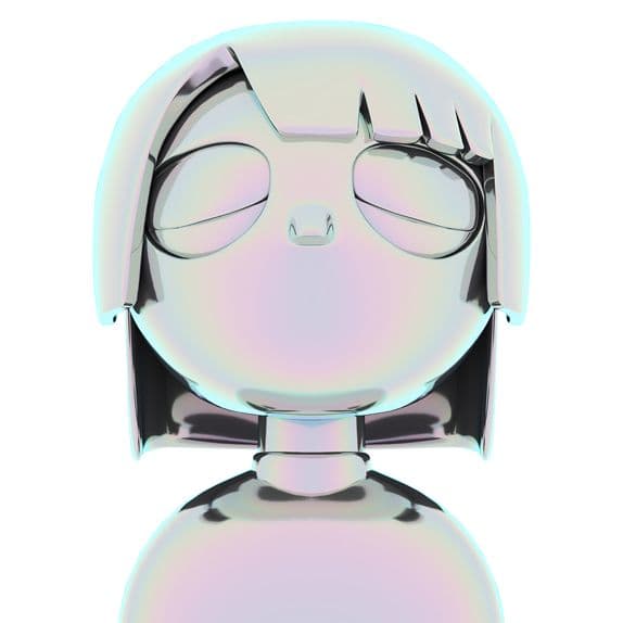 Portrait of a human character modeled in glossy CG on a white background. He has a goofy head, looks up slightly, and his eyes are closed.