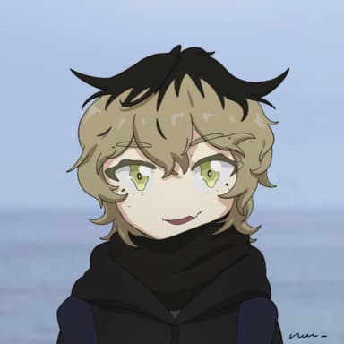 ぼんやりとした水色の背景に、黒っぽい服装をした茶髪の人物が立っているイラスト