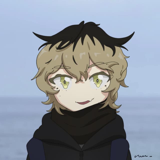 ぼんやりとした水色の背景に、黒っぽい服装をした茶髪の人物が立っているイラスト